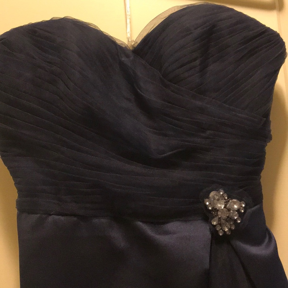 Navy blue strapless gown satin/chiffon with broach